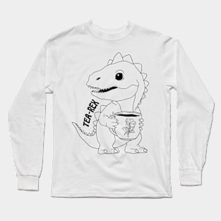 Tea Rex, T-Rex, Dinosaur, Black Line Drawing Long Sleeve T-Shirt